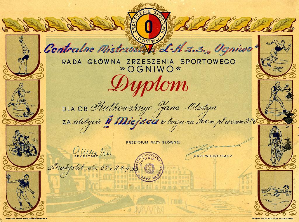 KKE 3250.jpg - Dyplom, Jana Rutkowskiego za II m. 200m płotki, Białystok, 1953 r.